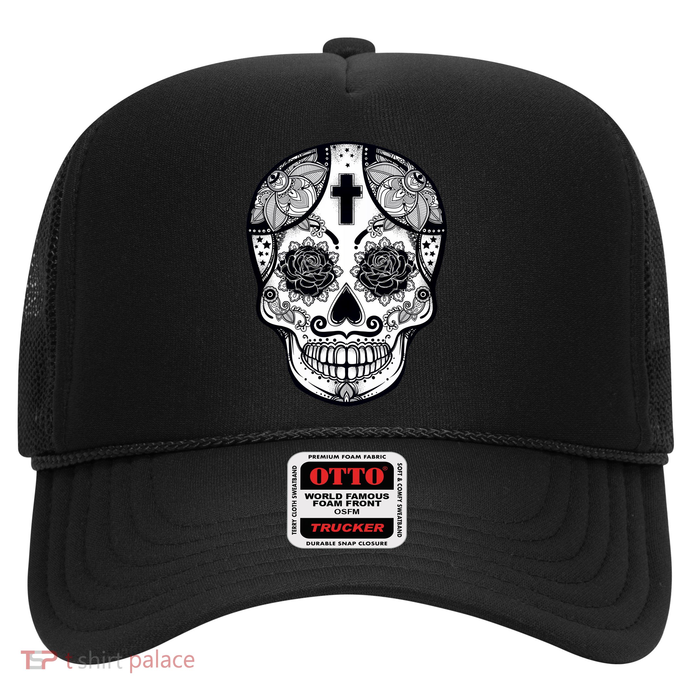 Grey Style Flower Skull Skeleton Graphic Trucker Hat