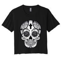 Grey Style Flower Skull Skeleton Graphic Women's Crop Top Tee
