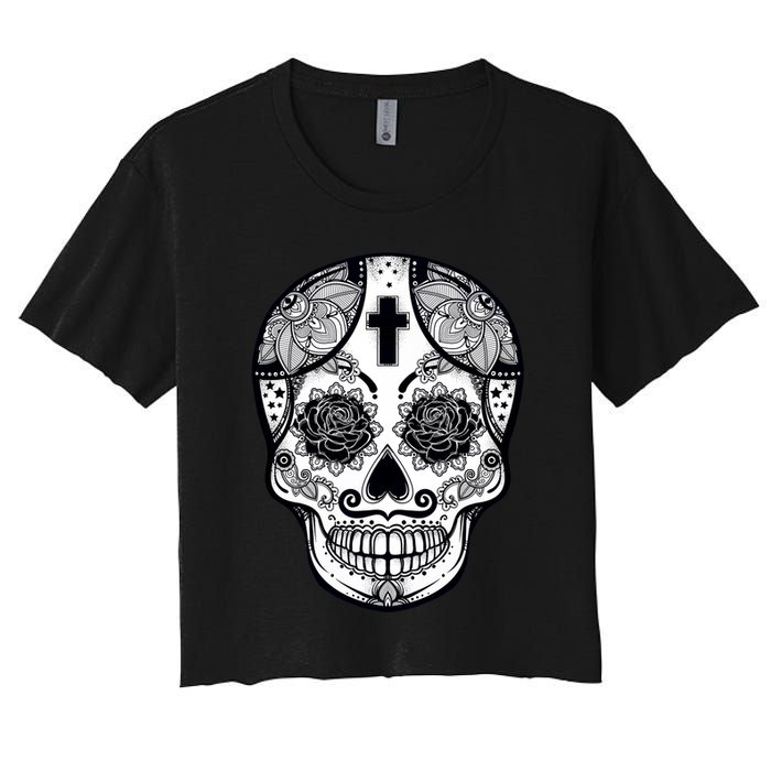 Grey Style Flower Skull Skeleton Graphic Women's Crop Top Tee