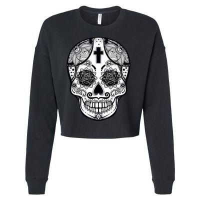Grey Style Flower Skull Skeleton Graphic Cropped Pullover Crew