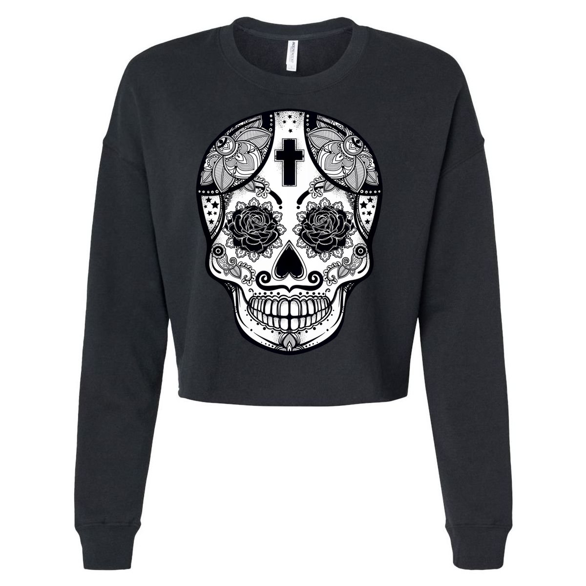 Grey Style Flower Skull Skeleton Graphic Cropped Pullover Crew