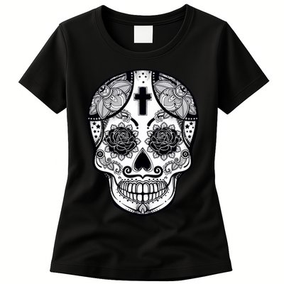 Grey Style Flower Skull Skeleton Graphic Womens T-Shirt