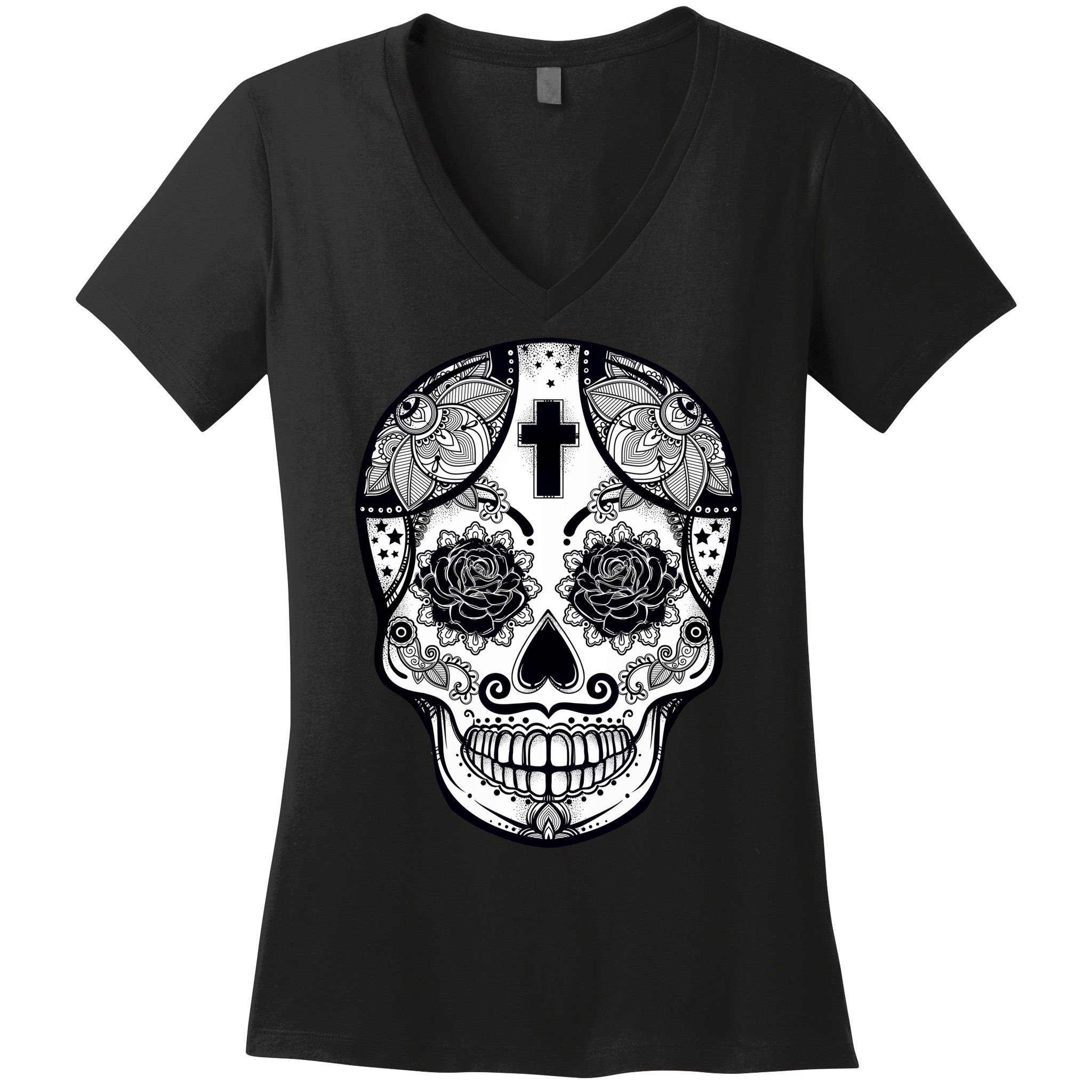 Grey Style Flower Skull Skeleton Graphic Women's V-Neck T-Shirt
