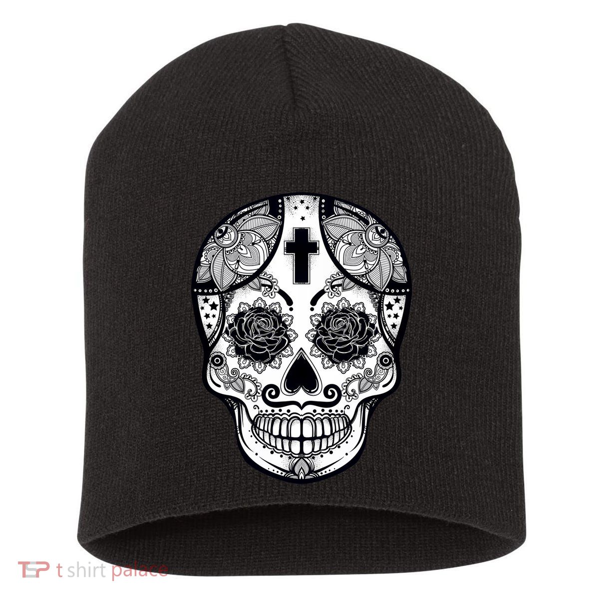 Grey Style Flower Skull Skeleton Graphic Short Acrylic Beanie