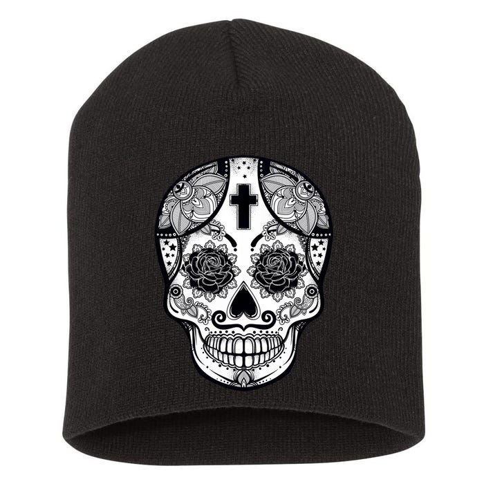 Grey Style Flower Skull Skeleton Graphic Short Acrylic Beanie