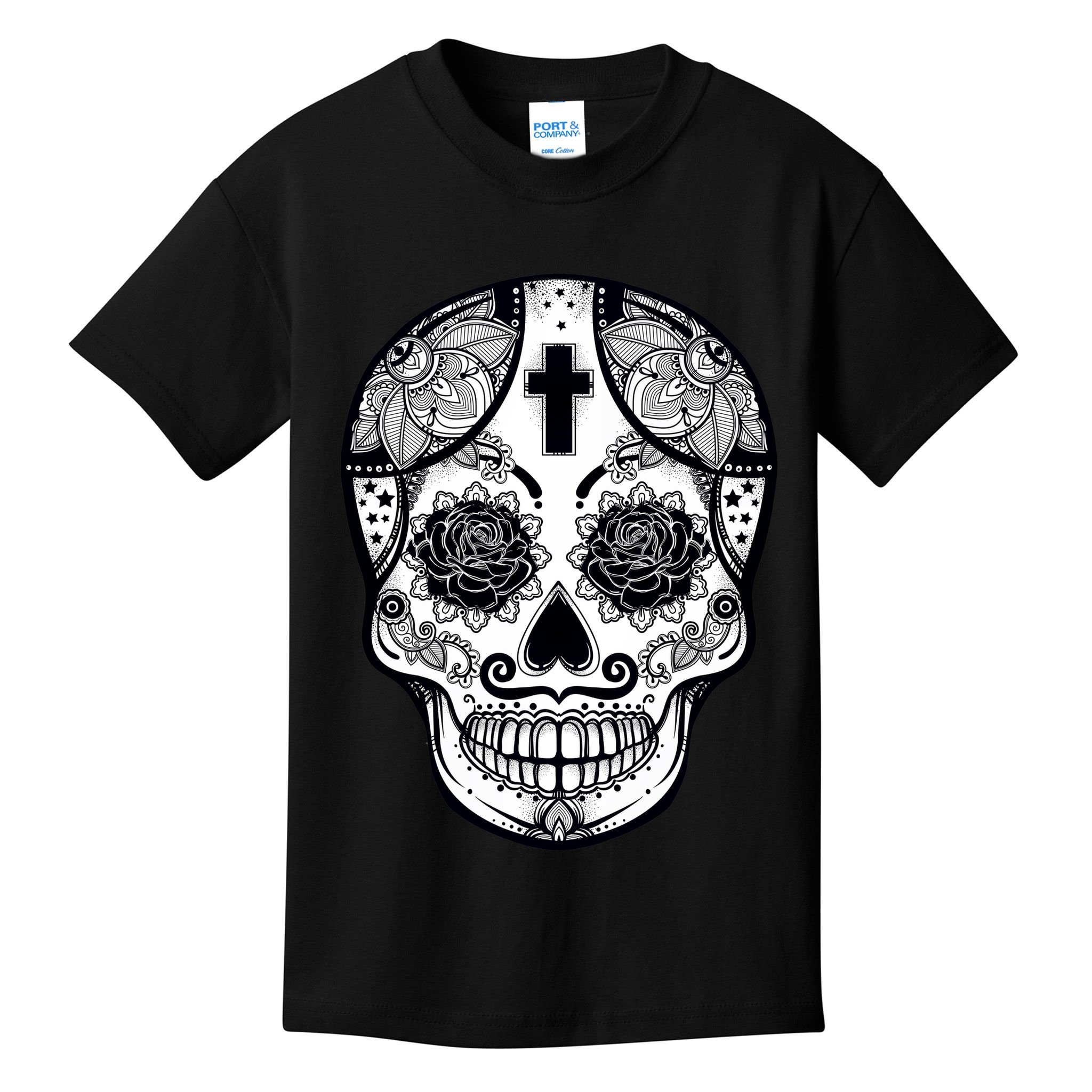 Grey Style Flower Skull Skeleton Graphic Kids T-Shirt