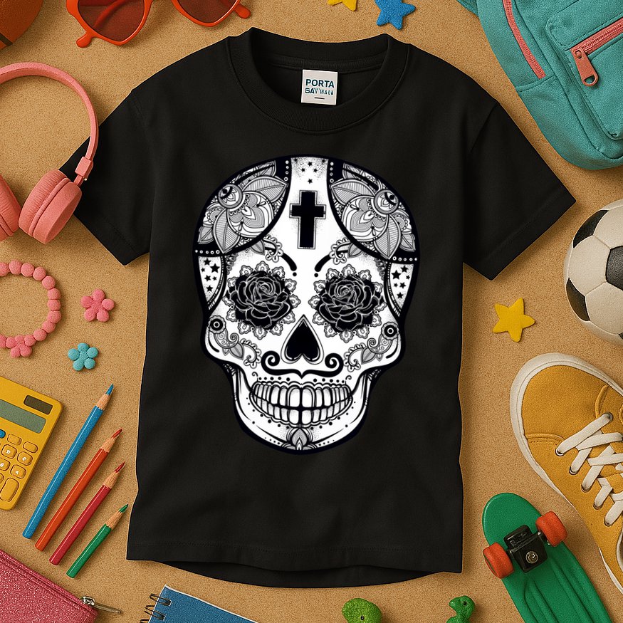 Grey Style Flower Skull Skeleton Graphic Kids T-Shirt