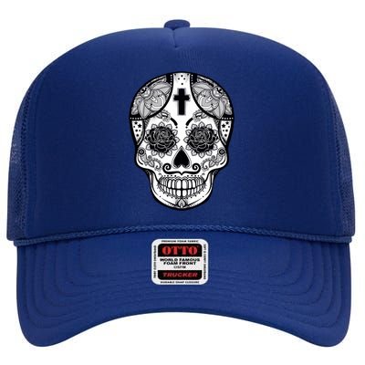 Grey Style Flower Skull Skeleton Graphic High Crown Mesh Back Trucker Hat