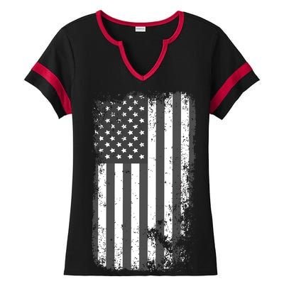 Grey Style Vintage torn USA American Flag Ladies Halftime Notch Neck Tee