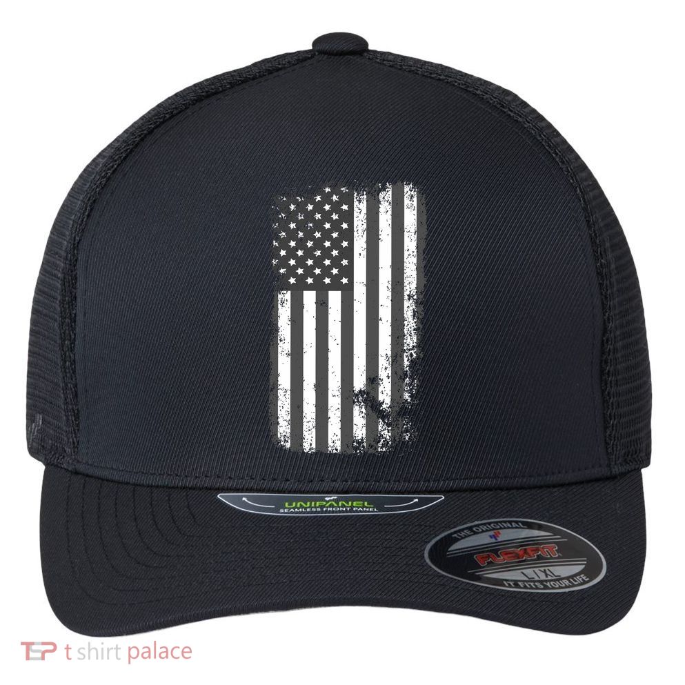 Grey Style Vintage torn USA American Flag Flexfit Unipanel Trucker Cap