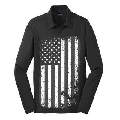 Grey Style Vintage torn USA American Flag Silk Touch Performance Long Sleeve Polo