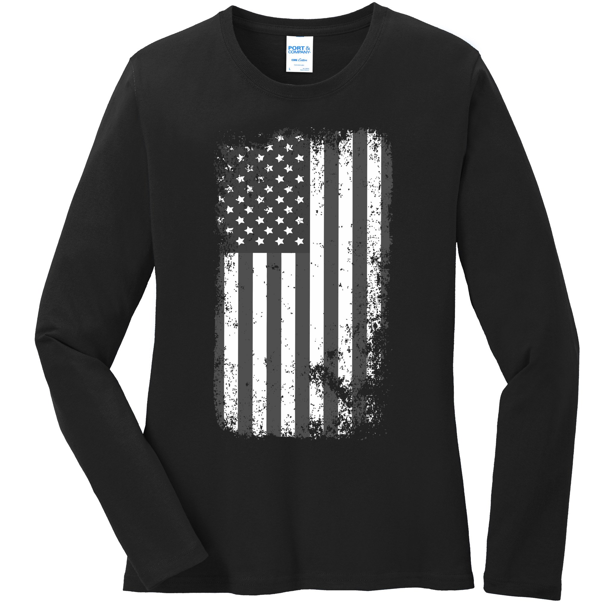 Grey Style Vintage torn USA American Flag Ladies Long Sleeve Shirt