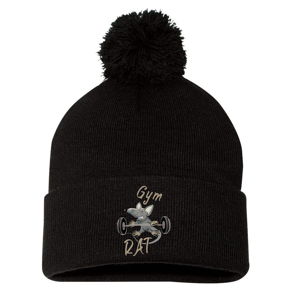 Gym RAT Fitness Barbell Motivational Workout Pom Pom 12in Knit Beanie
