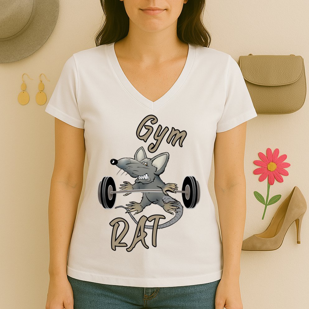 Gym RAT Fitness Barbell Motivational Workout Women's V-Neck T-Shirt