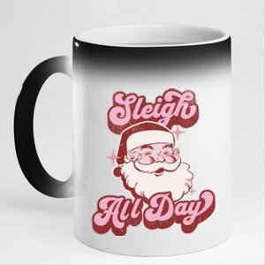 Groovy Retro Funny Christmas Pink Santa Sleigh All Day Gift 11oz Black Color Changing Mug