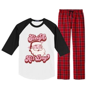 Groovy Retro Funny Christmas Pink Santa Sleigh All Day Gift Raglan Sleeve Pajama Set