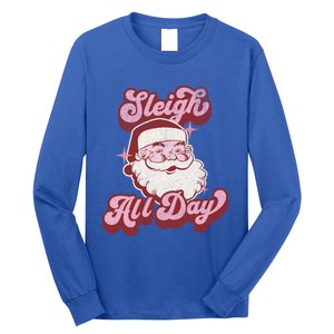 Groovy Retro Funny Christmas Pink Santa Sleigh All Day Gift Long Sleeve Shirt