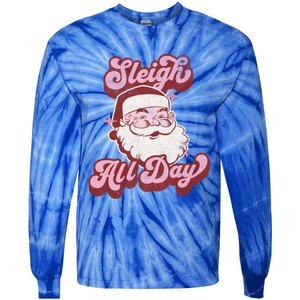 Groovy Retro Funny Christmas Pink Santa Sleigh All Day Gift Tie-Dye Long Sleeve Shirt