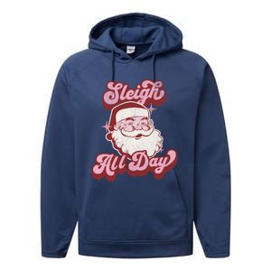 Groovy Retro Funny Christmas Pink Santa Sleigh All Day Gift Performance Fleece Hoodie