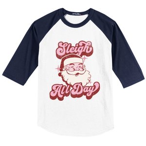 Groovy Retro Funny Christmas Pink Santa Sleigh All Day Gift Baseball Sleeve Shirt