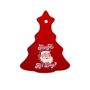 Groovy Retro Funny Christmas Pink Santa Sleigh All Day Gift Ceramic Tree Ornament