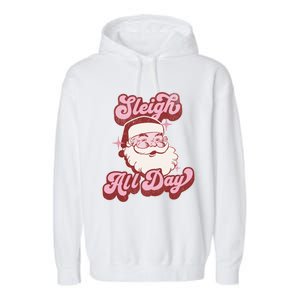 Groovy Retro Funny Christmas Pink Santa Sleigh All Day Gift Garment-Dyed Fleece Hoodie