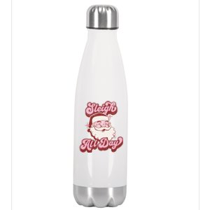 Groovy Retro Funny Christmas Pink Santa Sleigh All Day Gift Stainless Steel Insulated Water Bottle