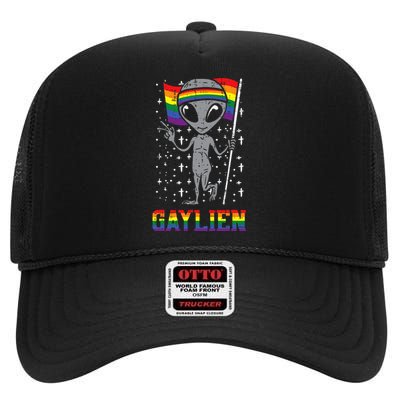 Gaylien Rainbow Flag Gay Alien Funny ET Space LGBTQ Pride High Crown Mesh Back Trucker Hat