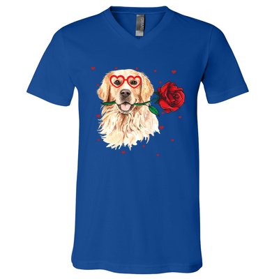 Golden Retriever Face Heart Glasses Valentines Day Dog Lover Gift V-Neck T-Shirt