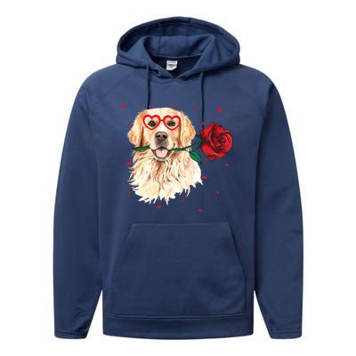 Golden Retriever Face Heart Glasses Valentines Day Dog Lover Gift Performance Fleece Hoodie