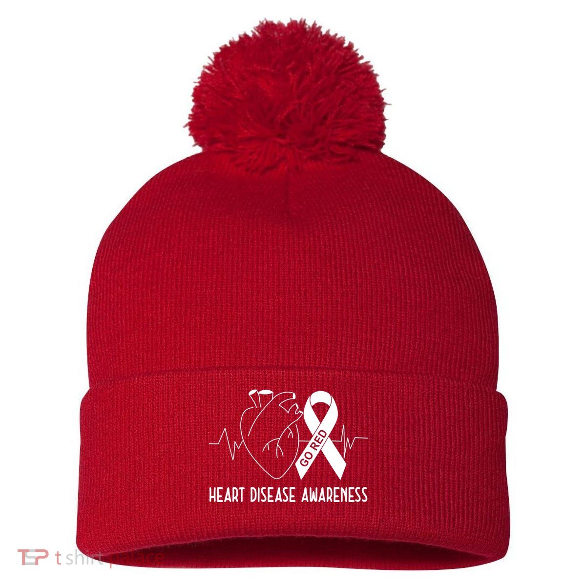 Go Red For Heart Disease Awareness Pom Pom 12in Knit Beanie