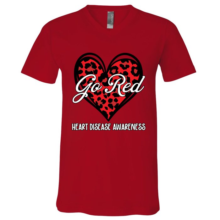 Go Red For Womens Heart Disease Awareness Month Leopard V-Neck T-Shirt