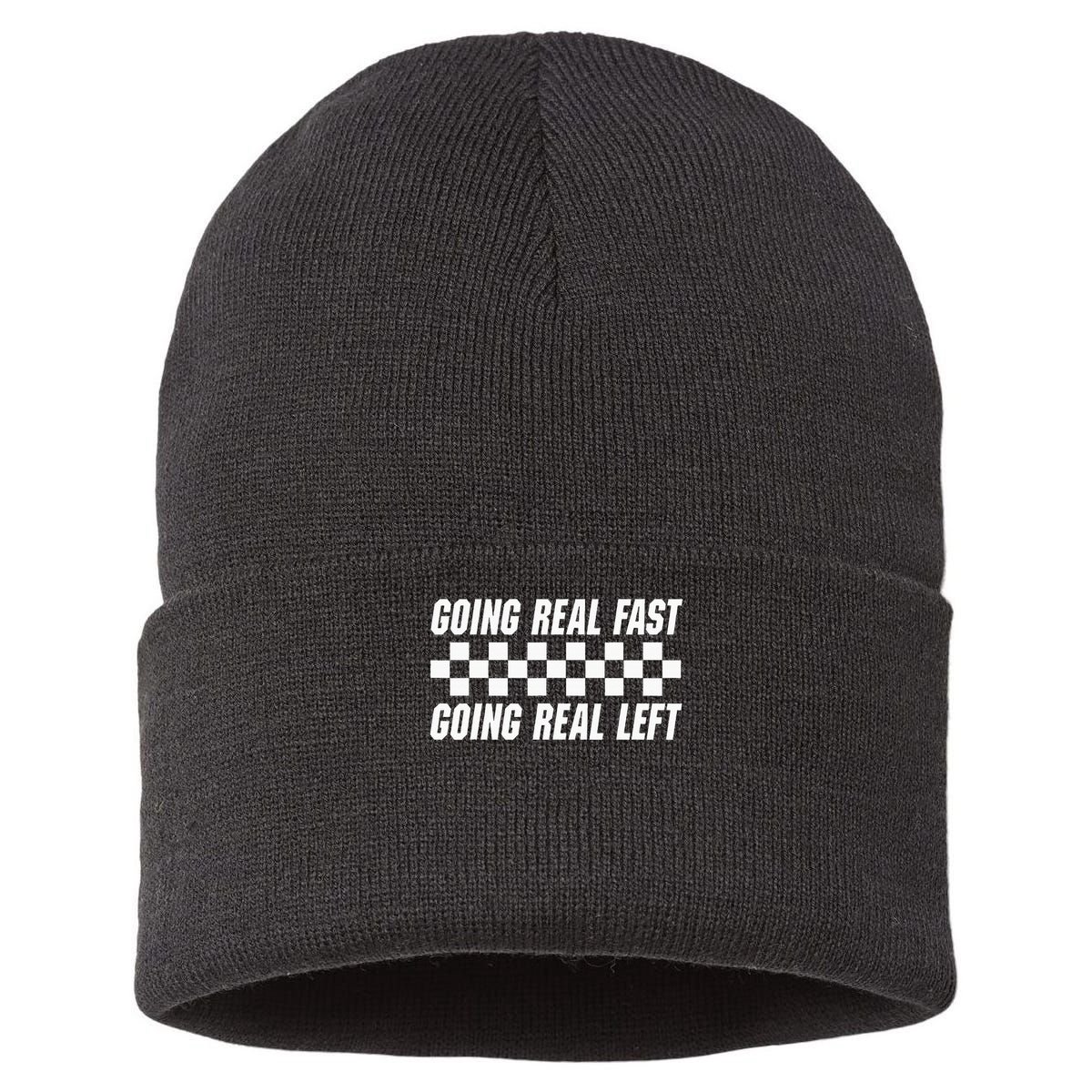 Going Real Fast And Going Real Left Funny Memes Joke Racing Sustainable Knit Beanie