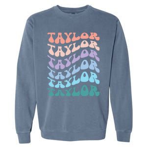 Girl Retro Groovy Taylor First Name Personalized Birthday Garment-Dyed Sweatshirt