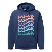 Girl Retro Groovy Taylor First Name Personalized Birthday Performance Fleece Hoodie