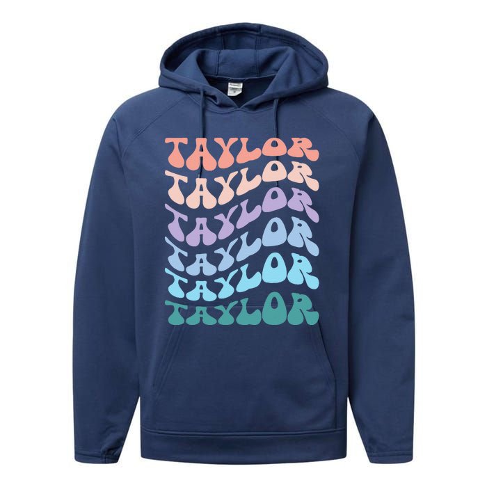 Girl Retro Groovy Taylor First Name Personalized Birthday Performance Fleece Hoodie