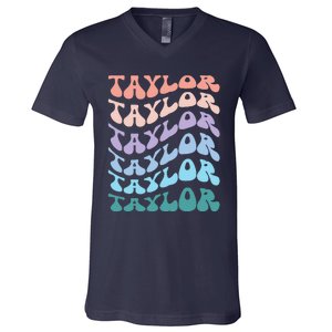 Girl Retro Groovy Taylor First Name Personalized Birthday V-Neck T-Shirt