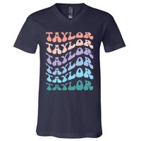 Girl Retro Groovy Taylor First Name Personalized Birthday V-Neck T-Shirt