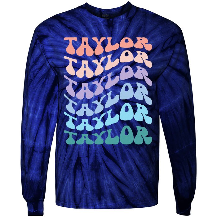 Girl Retro Groovy Taylor First Name Personalized Birthday Tie-Dye Long Sleeve Shirt