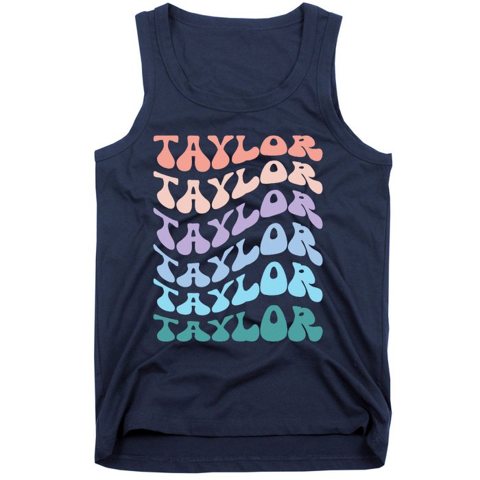 Girl Retro Groovy Taylor First Name Personalized Birthday Tank Top