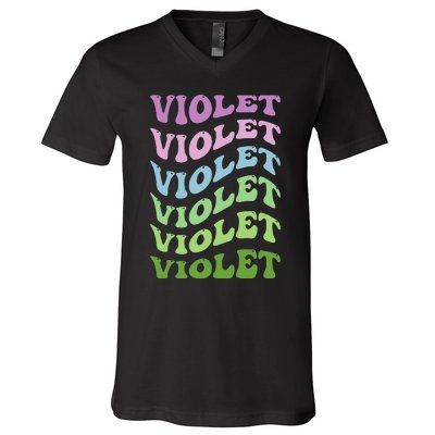 Girl Retro Groovy Violet First Name Personalized Birthday V-Neck T-Shirt