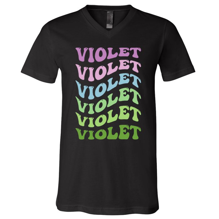 Girl Retro Groovy Violet First Name Personalized Birthday V-Neck T-Shirt