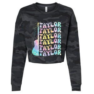 Girl Retro Groovy Taylor First Name Personalized 80S Pink Cropped Pullover Crew