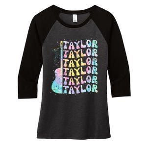 Girl Retro Groovy Taylor First Name Personalized 80S Pink Women's Tri-Blend 3/4-Sleeve Raglan Shirt