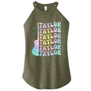 Girl Retro Groovy Taylor First Name Personalized 80S Pink Women's Perfect Tri Rocker Tank