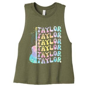 Girl Retro Groovy Taylor First Name Personalized 80S Pink Women's Racerback Cropped Tank