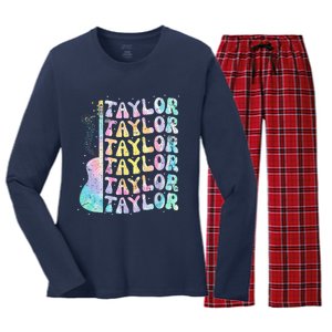 Girl Retro Groovy Taylor First Name Personalized 80S Pink Women's Long Sleeve Flannel Pajama Set 