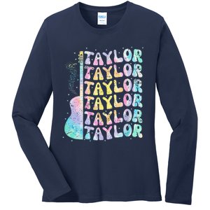 Girl Retro Groovy Taylor First Name Personalized 80S Pink Ladies Long Sleeve Shirt