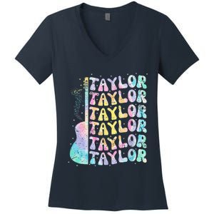 Girl Retro Groovy Taylor First Name Personalized 80S Pink Women's V-Neck T-Shirt