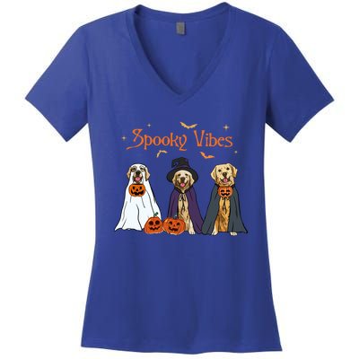 Golden Retriever Ghost Dogs Halloween Dog Witch Spooky Vibes Gift Women's V-Neck T-Shirt